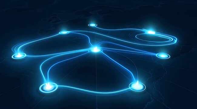 Glowing blue network nodes connect across a dark, abstract global map