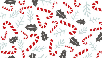 Festive Holiday Pattern Featuring Candy Canes and Holly Leaves © Premium_art