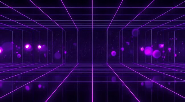 Abstract neon grid tunnel with floating purple spheres