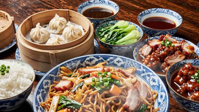 Enjoy assorted Chinese cuisine with stir fried noodles, rice, dumplings, and vegetables on a dark wooden table for lunch or dinner