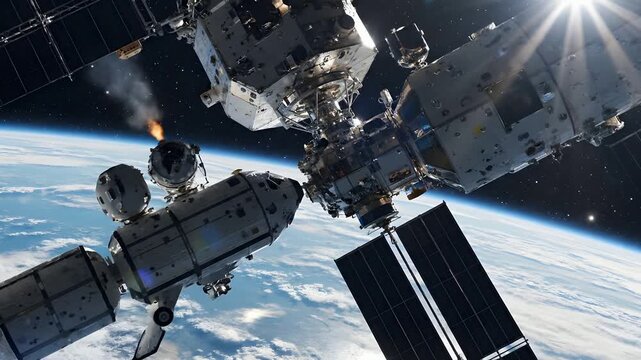 Space station docked with spacecraft orbiting planet Earth with visible atmosphere and solar panels on module