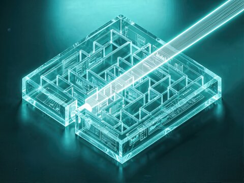 Holographic solid-state maze scanned by laser beam in cyan backlight