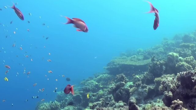 Schools of brilliant orange and silvery fish glide through the pristine blue ocean. They meander gracefully near an enchanting coral reef, illuminated by the bright daylight.