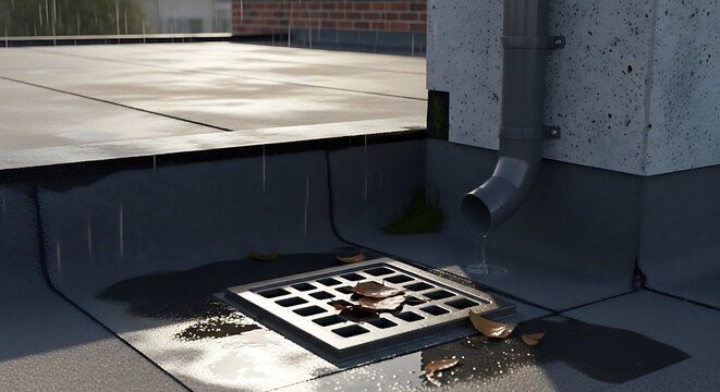 Contemporary drainage system on a flat rooftop capturing rainwater flow