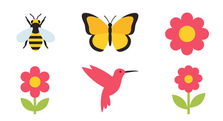 Fototapeta premium Cute cartoon illustration featuring a bee, butterfly, flowers, and hummingbird. Ideal for spring-themed designs.