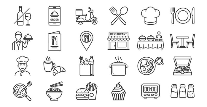 Restaurant and food service line icons set, cooking chef menu dining meal cafe and catering symbols on transparent background