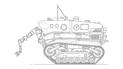 Obraz premium Mechanical Marvel: A detailed, technical illustration showcases a cutting-edge tracked vehicle, equipped with an articulated arm, antenna, and portholes, hinting at its advanced capabilities.