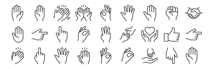 Obraz premium Hand gesture outline icons set, finger sign communication support agreement and interaction symbols on transparent background