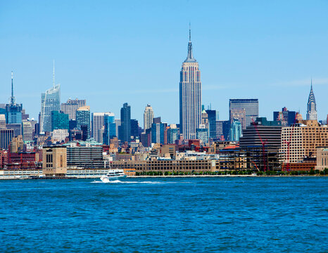New York City midtown skyline looking across the Hudson River in summer