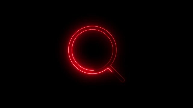 A glowing red neon magnifying glass icon isolated on a black background, representing digital search, investigation, discovery, and modern technology in a minimalist and high-contrast style.