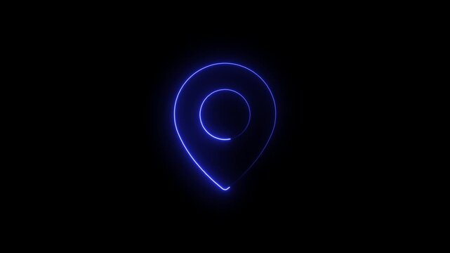 blue glowing neon location pin icon on a dark black background representing navigation gps coordinates and digital mapping technology in a minimalist futuristic style