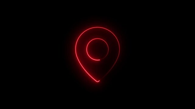 red neon location pin icon glowing on dark black background futuristic gps map pointer symbol for technology and navigation applications