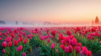 hyperrealistic wide landscape of vibrant blooming tulip field at sunrise, soft mist above flowers, warm golden light, saturated red and pink tones