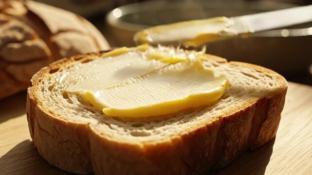 Applying butter to bread close up preparing breakfast or snack daylight