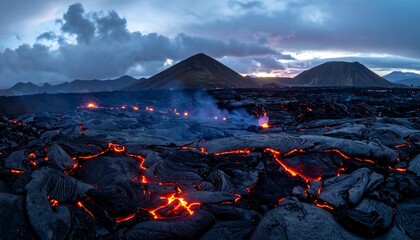 Expansive volcanic field with glowing lava streams flowing beneath dramatic cloudy evening sky