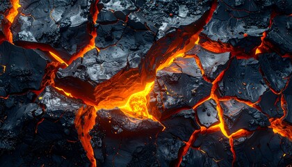 Detailed volcanic rock texture dramatically split by vivid orange flowing lava fissures
