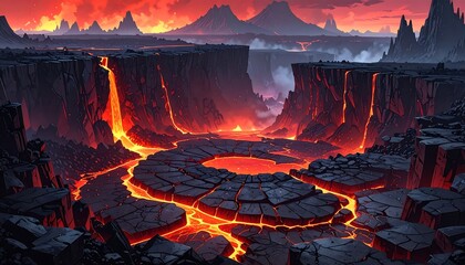 Wide fantasy inspired volcanic canyon filled with glowing lava rivers at sunset