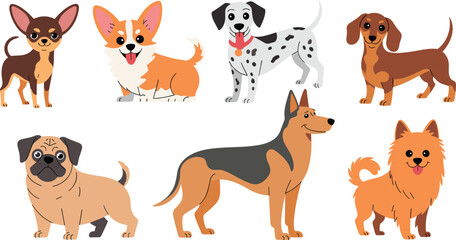 Cartoon illustration of seven different dog breeds including Chihuahua, Corgi, Dalmatian, Dachshund, Pug, German Shepherd, and Pomeranian for pet content
