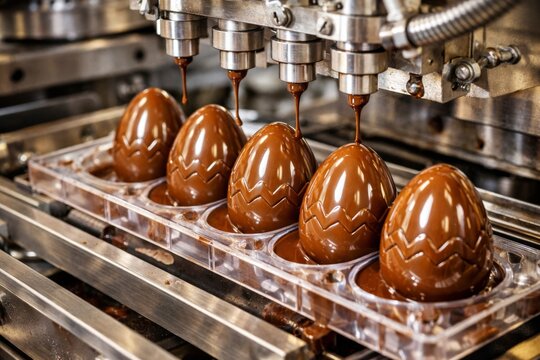 Automated production line filling chocolate Easter eggs with molten chocolate in a factory