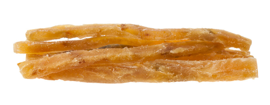 Dried fish jerky isolated on white background.