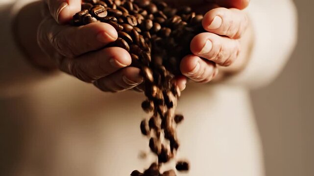 Close up of roasted coffee beans falling from hands in a home kitchen setting during daytime with soft lighting and warm colors