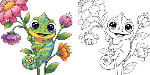 Fototapeta premium Cute Cartoon Chameleon Climbing Colorful Flowers Coloring Page