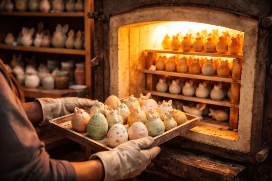 Artisan places ceramic Easter eggs and bunnies into a hot kiln for firing