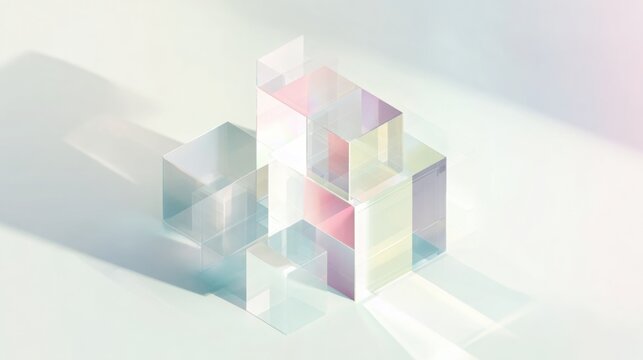 minimal abstract background with geometric glass cubes and planes, soft pastel reflections, smooth transparent material, bright diffused lighting