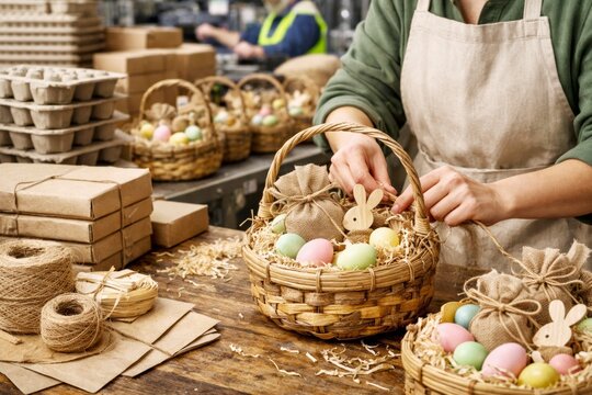 Hands assembling Easter baskets with colorful eggs and wooden bunnies on a rustic wooden table