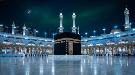 low angle view, night sky, blue sky, starry sky, stars, milky way, crescent moon, mosque architecture, islamic architecture, masjid al haram, minaret, dome silhouette, spiritual atmosphere, peaceful m © MotionX