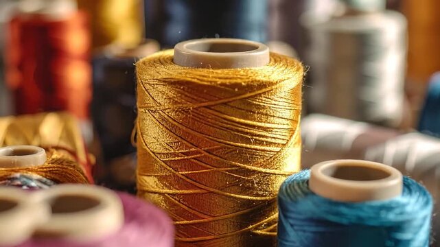 Close-up shot of colorful spools of thread, perfect for sewing and crafting projects, with a blurred background.
