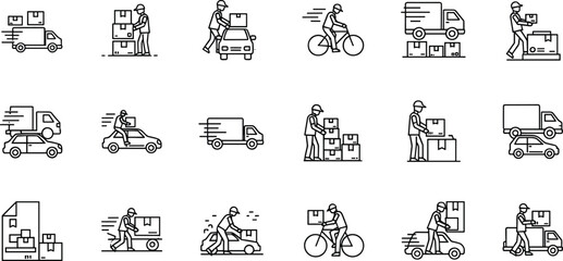 Fototapeta premium Courier and Delivery Service Line Icons Collection, Shipping Truck Bicycle Car Parcel Outline Set, vector illustration