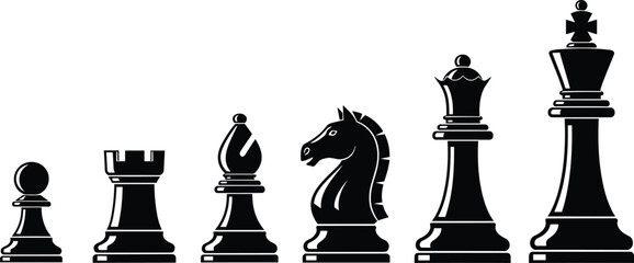 Black vector silhouettes of chess pieces set including pawn, rook, bishop, knight, queen, and king, for strategy, competition, and leadership. © MstKhadija
