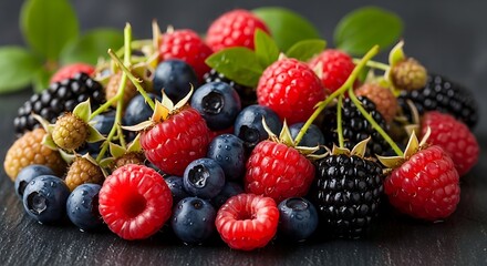 Obraz premium Main Subject: A rich assortment of mixed berries, including raspberries, blueberries, and blackberries