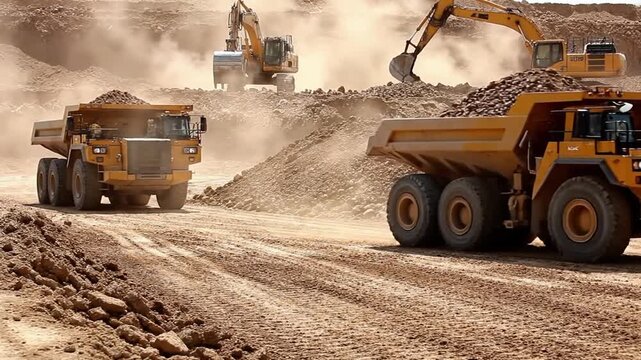 Large dump trucks and excavators operate in a dusty open-pit mine, moving earth and raw materials.