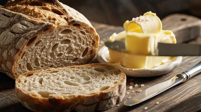 Close up of freshly baked bread and butter on a rustic wooden surface