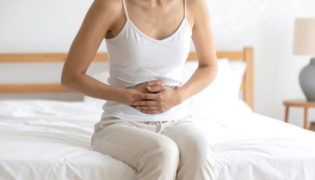 Close view of young woman sitting quietly on bed clutching abdomen during painful menstrual period