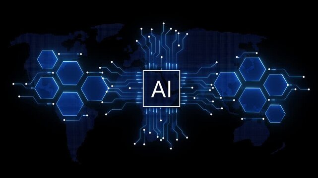 animation Fintech Regulation Concept: AI Logo and Data Analytics Icons over Blue World Map animation on the black background.4k video.