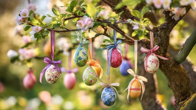 Colorful decorative Easter eggs hanging from tree branches adorned with pink flowers in a vibrant garden setting, showcasing the beauty of springtime celebrations