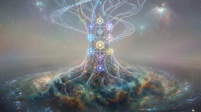 Surreal Kabbalah Tree Of Life With Glowing Sefirot Nodes