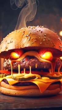 Monster burger with glowing eyes and melting cheese. Close-up shot with vertical camera movement.
