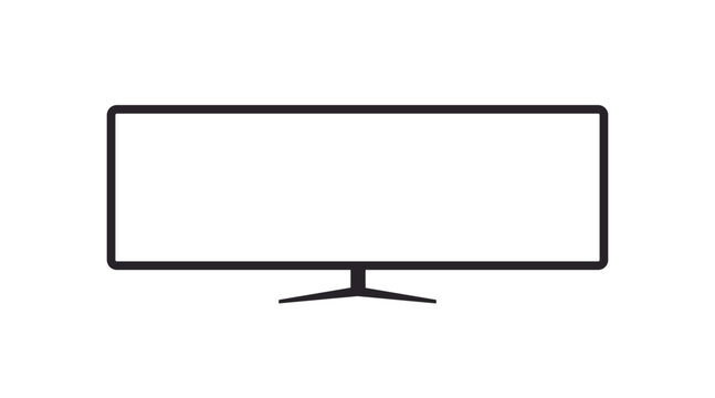 Clean black line vector icon of an ultra‑wide screen monitor, representing panoramic displays, productivity setups, gaming screens, workspace layouts, and modern computer hardware. Minimalist and cont