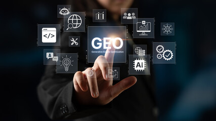 Obraz premium Digital marketing concept featuring GEO strategy, optimizing content for AI search engines and large language models. Evolution of SEO, brand authority, and AI citation visibility. Corpus