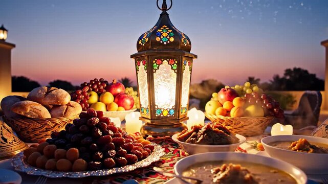 Elegant Ramadan iftar table setting at sunset with fanoos lantern, fresh fruits, dates, and traditional dishes prepared for sharing and enjoying