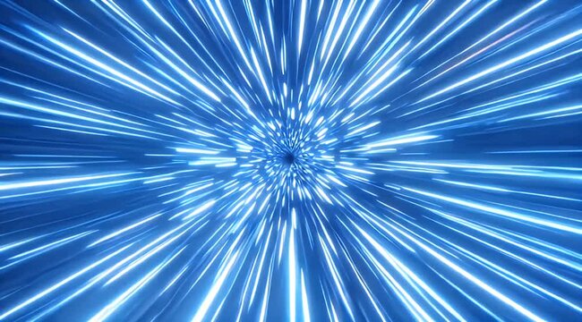 Blue light streaks converge at a central vortex, suggesting fast travel through space