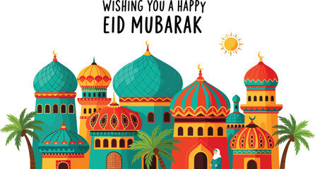 Colorful mosque complex with domes and minarets on white background with Eid Mubarak greeting palm trees © Shamim creative 
