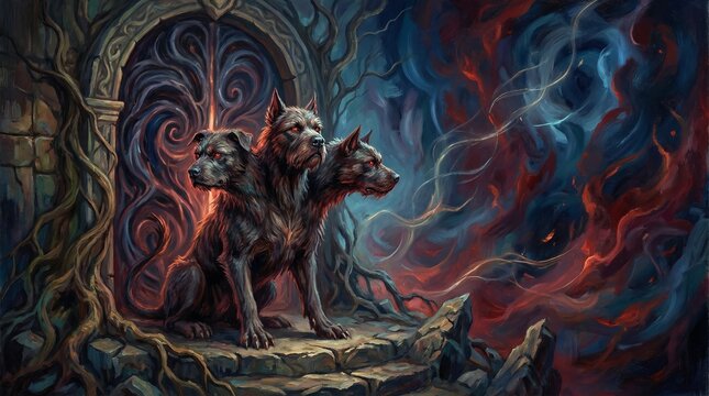 Surreal Cerberus Guarding A Gateway Made Of Shadows