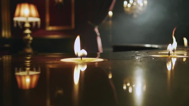 Ultra-realistic luxury romantic background video featuring soft candle flame reflections dancing across a polished gold surface with warm cinematic lighting and subtle smoke haze. 