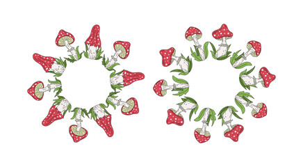  Amanita, fly agaric, mushrooms, leaves. Set of round frames, banners with space for text. Hand drawn icons, doodle drawings, summer nature illustration.