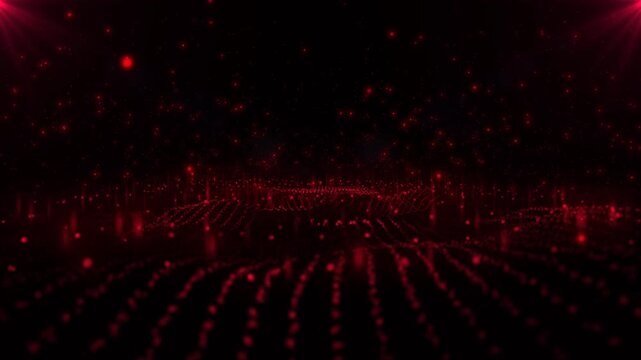 Technology digital wave background concept.Beautiful motion waving dots texture with glowing defocused particles. Cyber or technology red background.